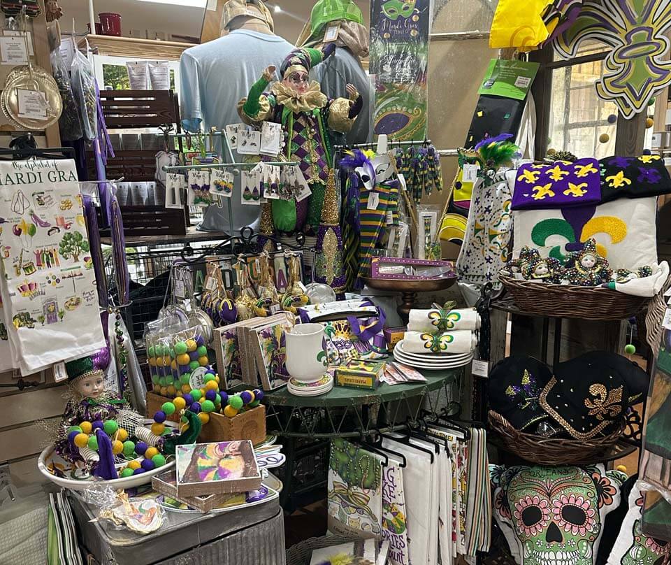 mardi gras themed items at oak alley gift shop